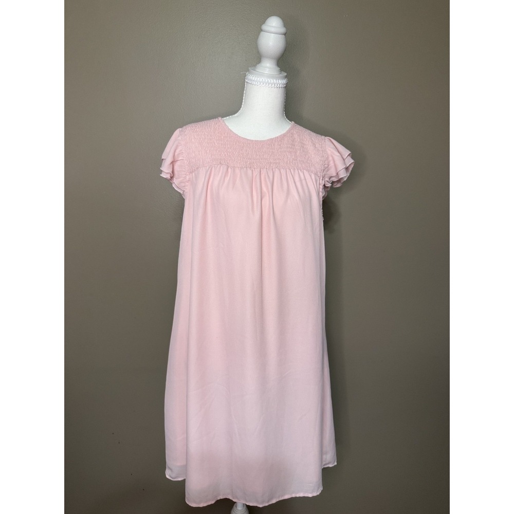 NWT Kirundo Pink Chiffon Babydoll Dress Short Sleeve Ruffle Smocked Medium #1121
